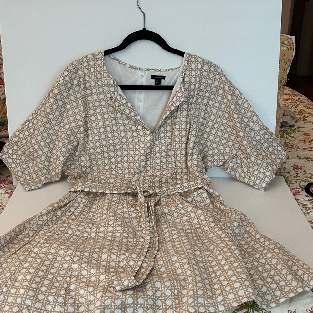 Ann Taylor white dress with beige geometric pattern.